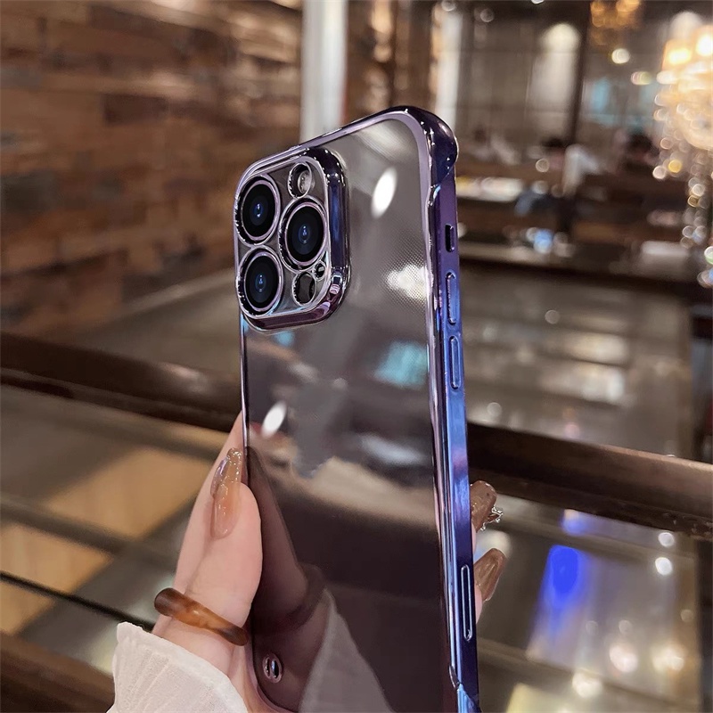 Juji Luxury Metal Plating Bening Untuk Iphone 14pro Max Case Ungu14Plus13 Pro Max13 /11 /12 Pro Max Iphone Transparan Penutup Belakang Non-slip Bezel Shockproof Case