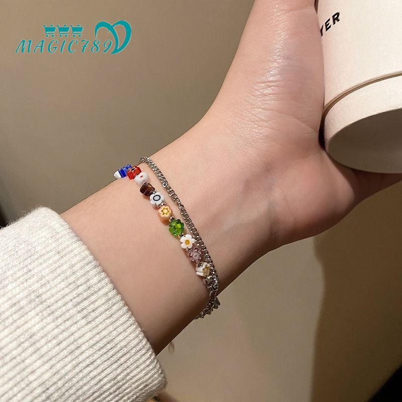 Magic789 Gelang Tangan Rantai Silver Rumbai Manik Bunga Multi Warna Gaya Korea Untuk Wanita
