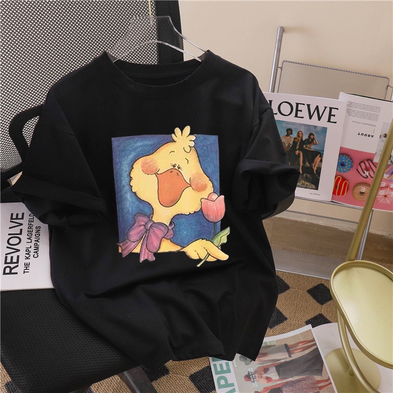 [100%  Katun]Yellow Duck Cartoon Kaos Cream Atasan Wanita Lengan Pendek Oversize Printed T-shirt Baju Wanita Kekinian Korean Style