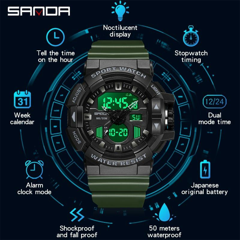 JAM TANGAN SANDA 3129 Jam Tangan Pria Wanita Digital Analog Tali Rubber Shockproof Anti Air