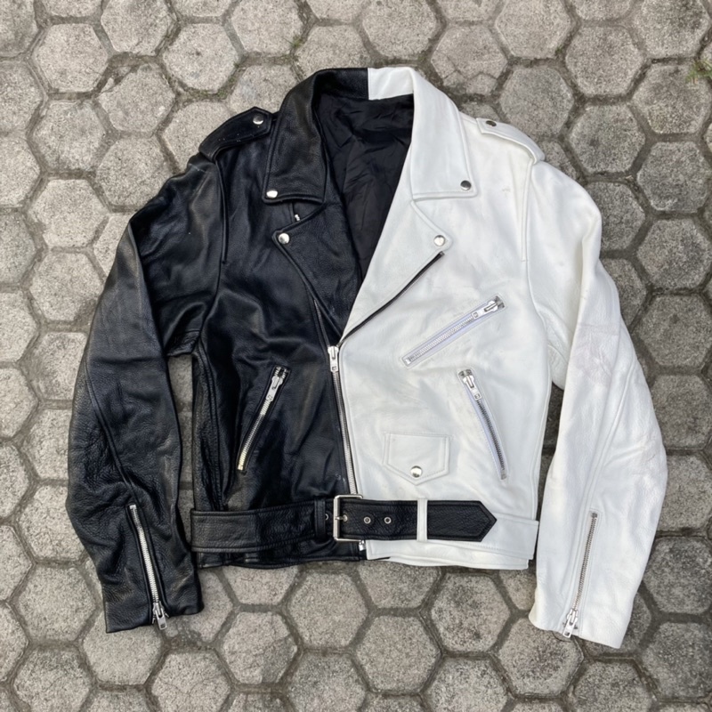 Meow by mina unisex street style bi-color plain leather biker jacket second