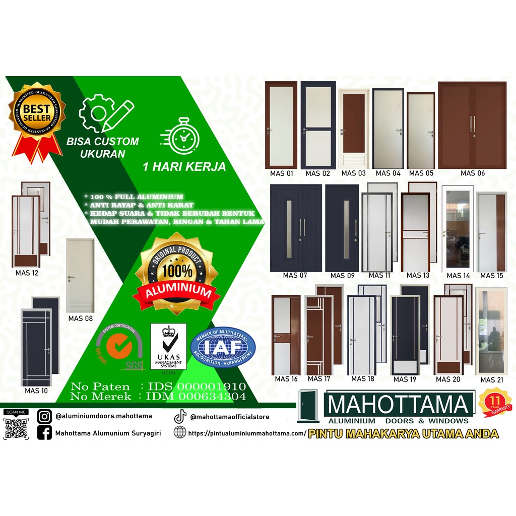 MAHOTTAMA - Pintu Rumah Utama Kamar Tidur Kamar Mandi Aluminium 120 x 215cm 1 Set Kunci Handle Engsel Original Garansi Resmi Bisa Custom Ukuran Geser / Sliding Door - MAS35