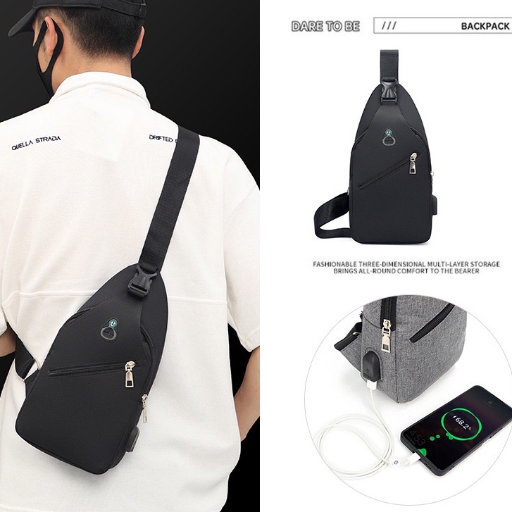 ONLYONE12 Tas Selempang Dada Pria Dengan Port USB Charger / Tas Pria Import Waterproof