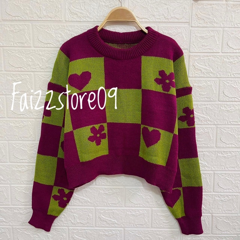 ELSA SWEATER RAJUT CROP MOTIF LOVE BUNGA KOTAK KOTAK LENGAN PANJANG