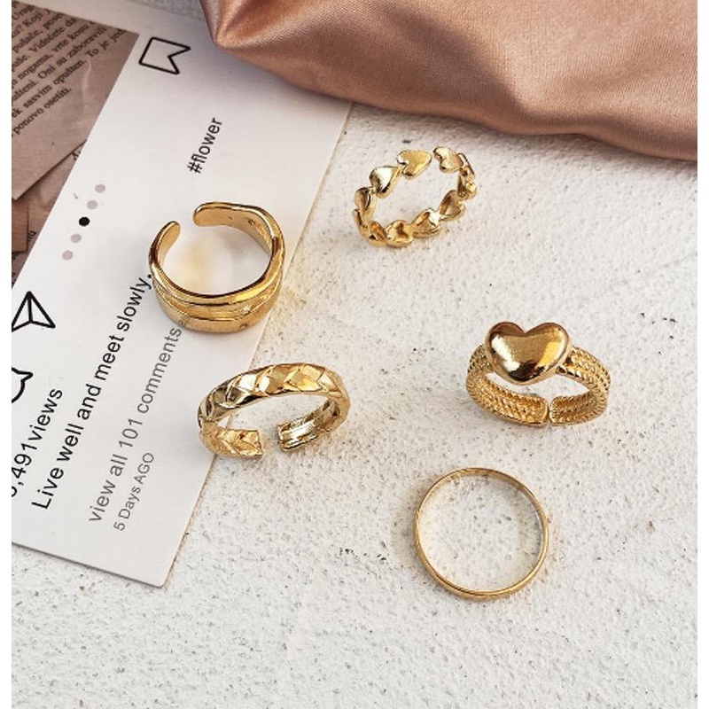 Cincin Set Wanita 5 pcs/set Model Tebal Hati Fashion Aksesoris Dalika