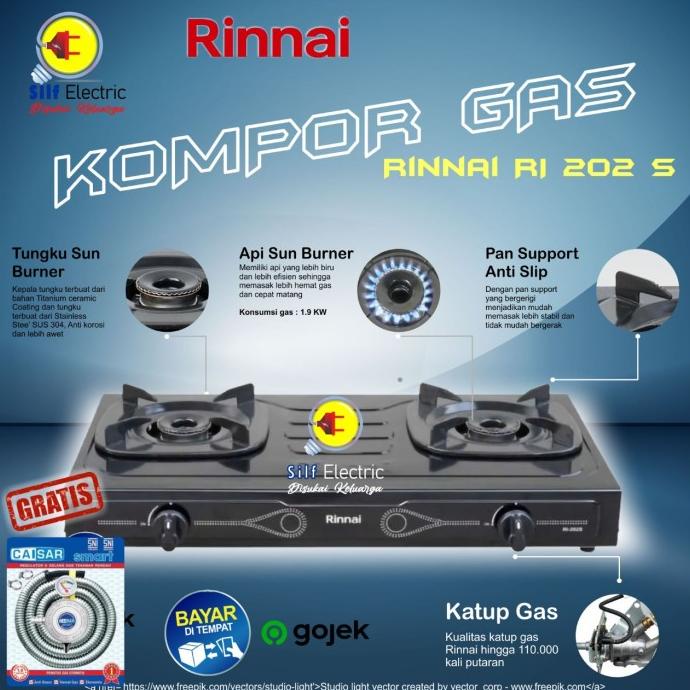 Kompor Gas Rinnai 2 Tungku RI 202 S / Rinnai 2 Tungku + selang regltor