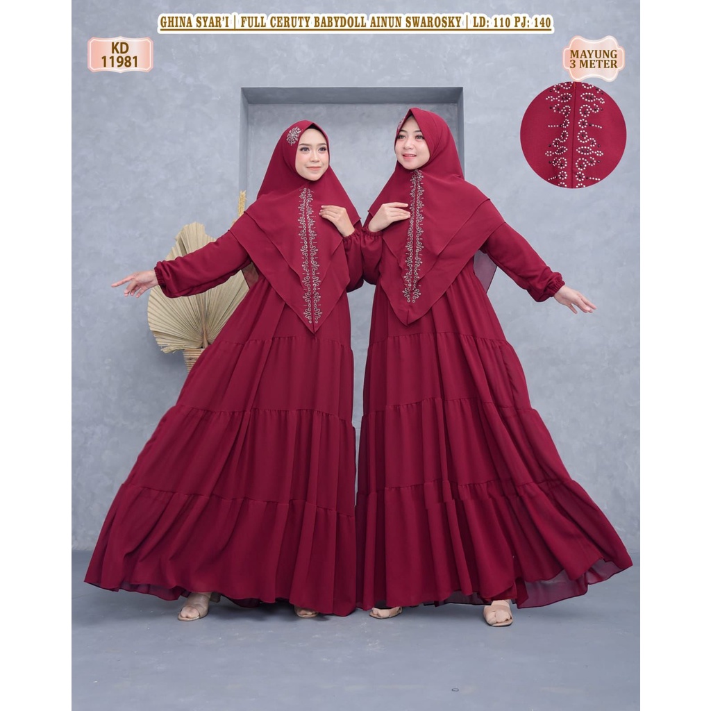 KD 11981 (isi 2) ASYA Syari Jilbab Full Ceruty Babydoll Ainun Payet Swarosky Super Mayung 3 Meter Premium Polos Cantik Muslimah Busui Seragam Merah