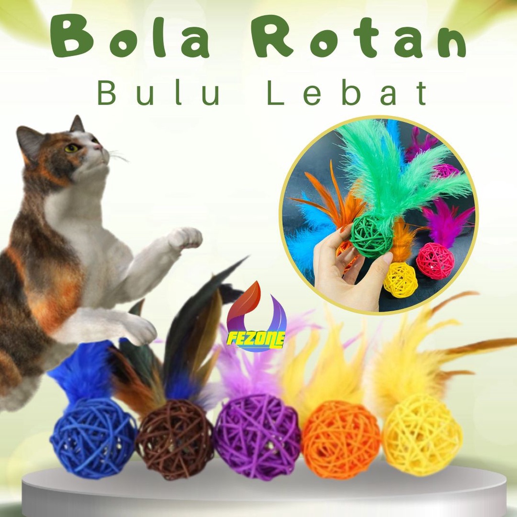 Cat Toy Mainan Kucing Bola Rotan Anyaman Bulu Interactive Toy FEZONE