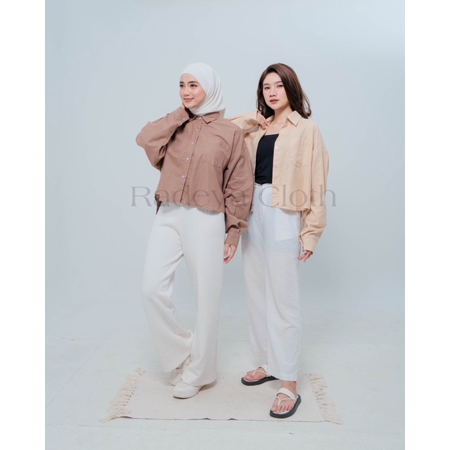 Kemeja Wanita Linen Oversize - Shrit Linen Crop Putih - Kemeja Wanita Lengan Panjang