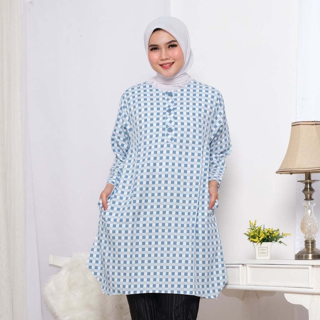 Clachella Baju Tunik Motif Kotak, Baju Atasan Wanita T92C8079