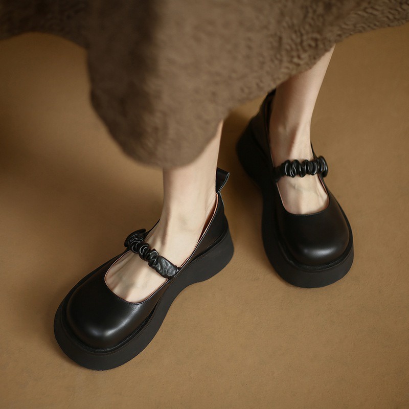 Sepatu Docmart Perempuan Simple Tali Kerut Import Sepatu Loafers Cewek Casual Look Chunky Block SK-033