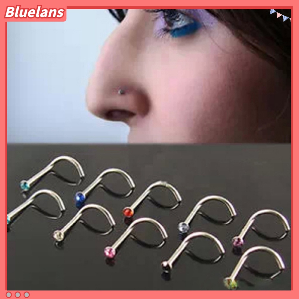 Bluelans 10Pcs Mixd Color Rhinestone Hook Bone Bar Pin Piercing Jewelry Nose Studs Rings
