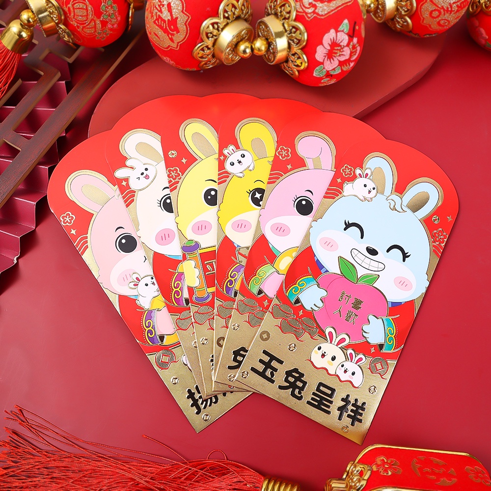 6pcs Amplop Angpao Tahun Baru Cina / Imlek Motif Kartun Kelinci Ukuran 20x6cm