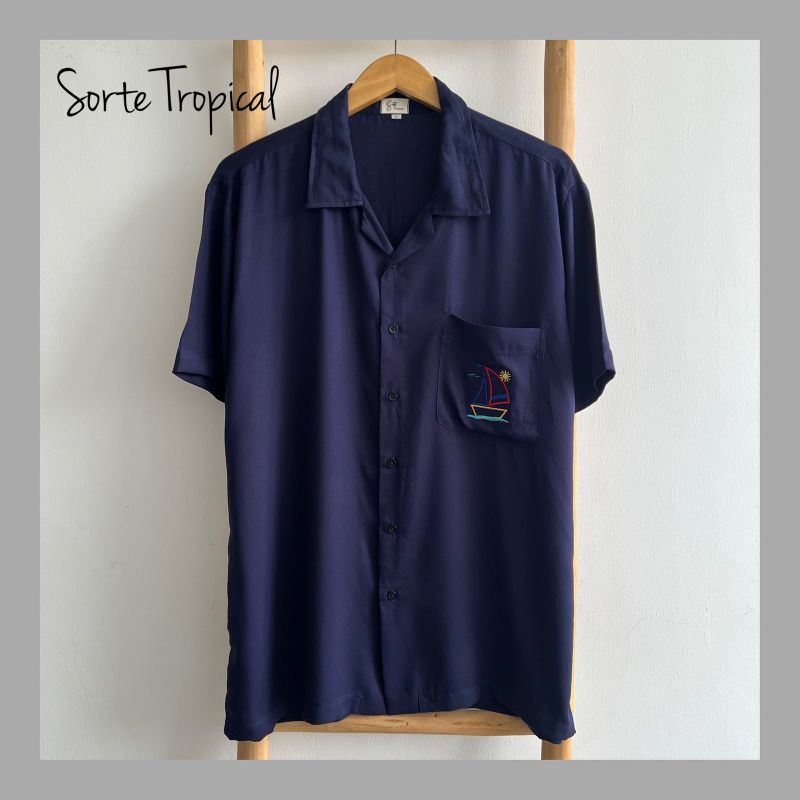 Kemeja Hawaiian Hawaii Pantai Pria Wanita Plain Polos Navy - Bordir Boat Exclusive Edition