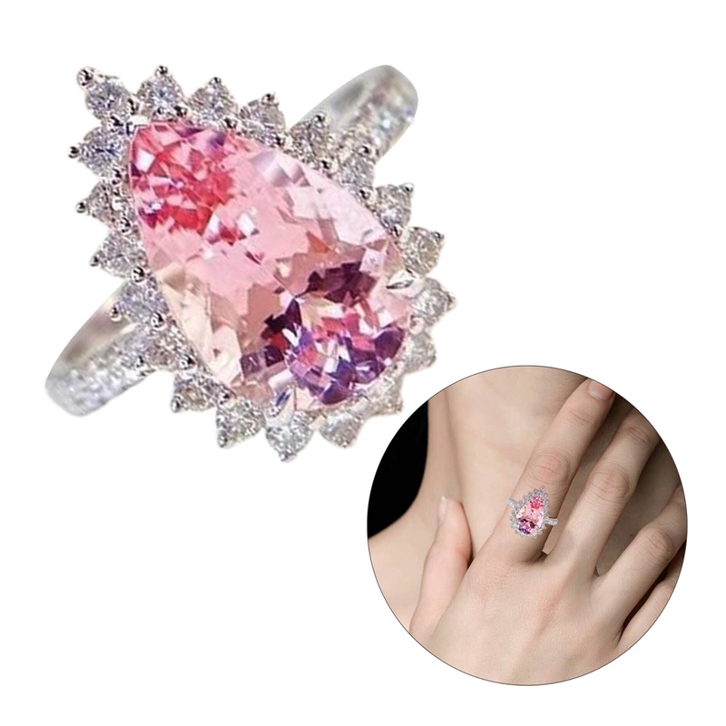 Fancyqube Cincin Bentuk Pir Warna Silver Bahan Cubic Zirconia Pink Untuk Wanita