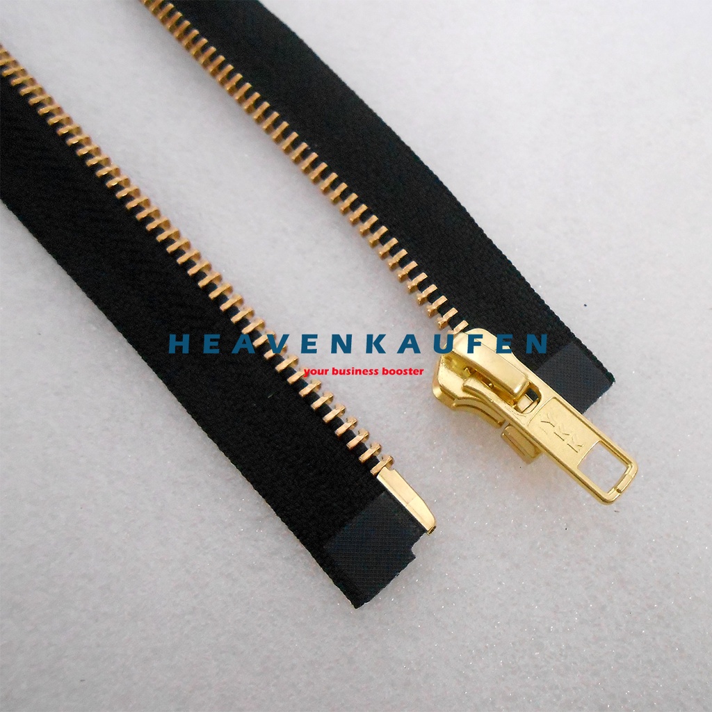 Resleting Zipper YKK 100 cm Atau 1 Meter Type Gigi Besi Hitam - Gold Emas Set Open End Buka Lepas