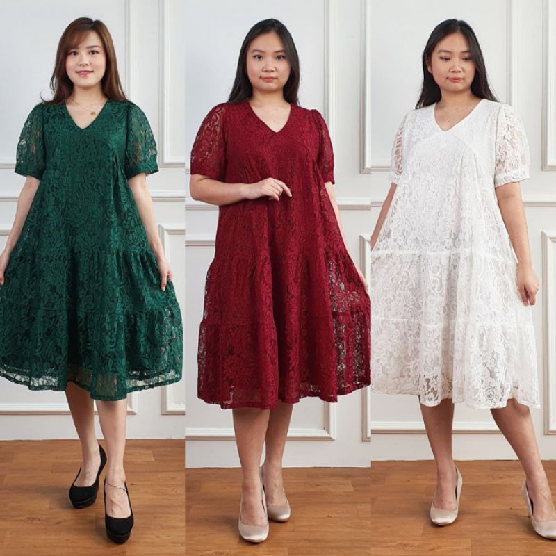 Dress Midi Brukat Wanita Pesta Party Kondangan Lengan Pendek 3739