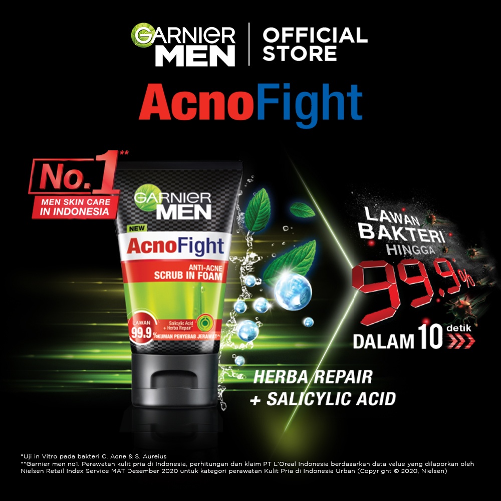 GARNIER MEN ACNO FIGHT [ 100 ML ] SCRUB IN FOAM ANTI-ACNE CLEANSER SABUN CUCI MUKA / PEMBERSIH WAJAH PRIA / FACIAL WASH ( UNTUK WAJAH BEBAS JERAWAT )