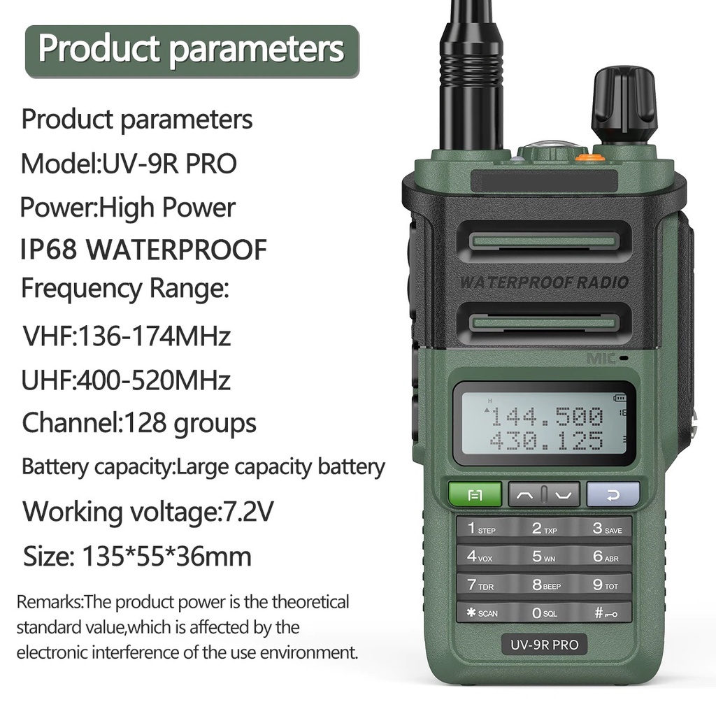 AKN23 - HT Walkie talkie UV-9R pro HIGH POWER 18W 9800 mAh WATERPROOF