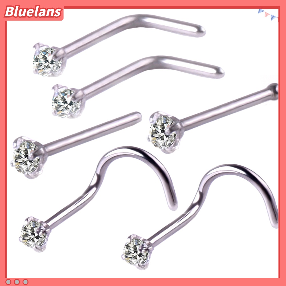 6pcs / Set Anting Tindik Hidung / Tubuh Bentuk L Hias Cubic Zirconia Untuk Wanita