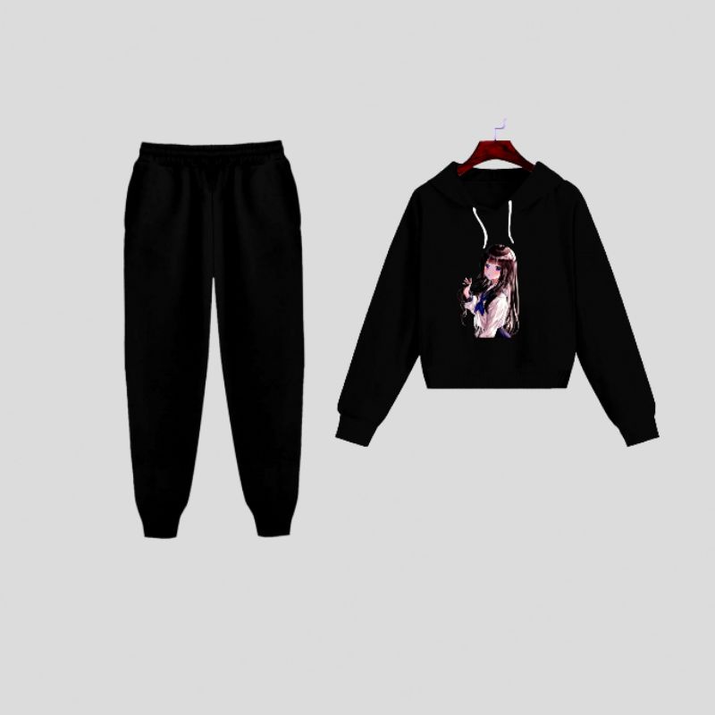 setelan sweater crop celana panjang wanita/gambar karakter Korea kekinian