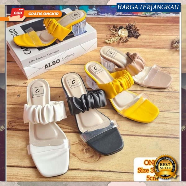 Sandal Sendal Fashion Pesta Selop Heels Hak Tahu Tinggi Kaca Jepit Wanita 3Cm Mewah Hak Tahu Terbaru