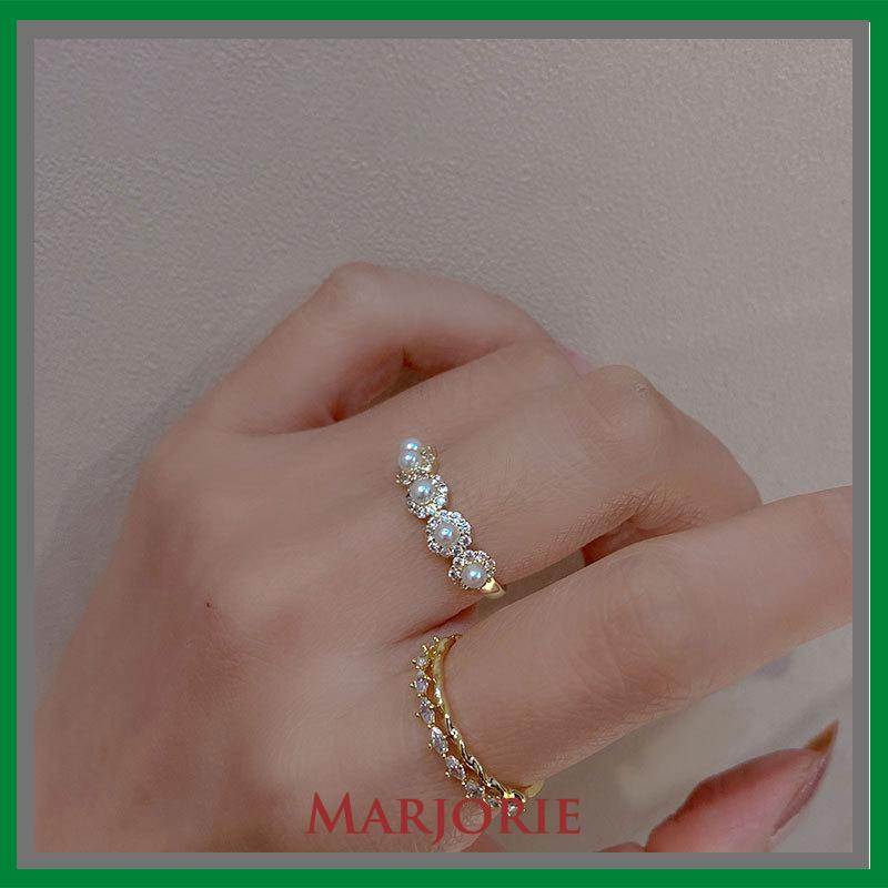 Double-layer Retro Pearl Diamond Ring Niche Light Desain Mewah Cincin Dapat Disesuaikan Terbuka-MJD