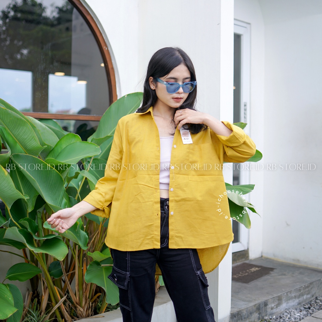 Kemeja Wanita Linen Oversize Olivia Shirt Linen Pocket-OLIVIA MUSTARD
