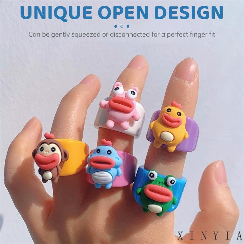 【Bayar di tempat】Cincin Desain Kartun Kodok Bahan Resin Akrilik Untuk Wanita