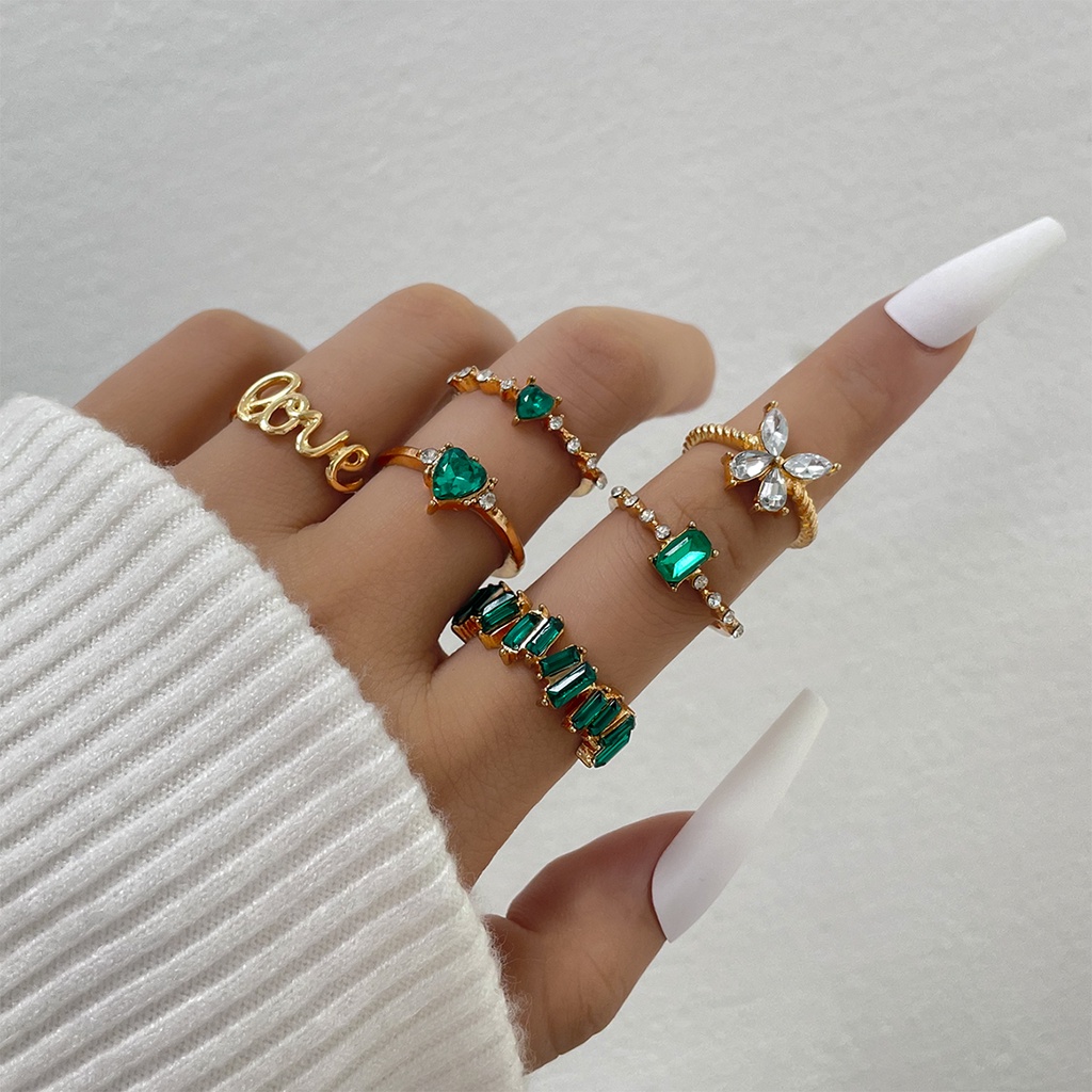 Set Perhiasan Cincin Jari Wanita Bentuk Hati Kupu-Kupu Geometris Silang Aksen Mutiara Warna Emas Gaya Boho Vintage Butterfly