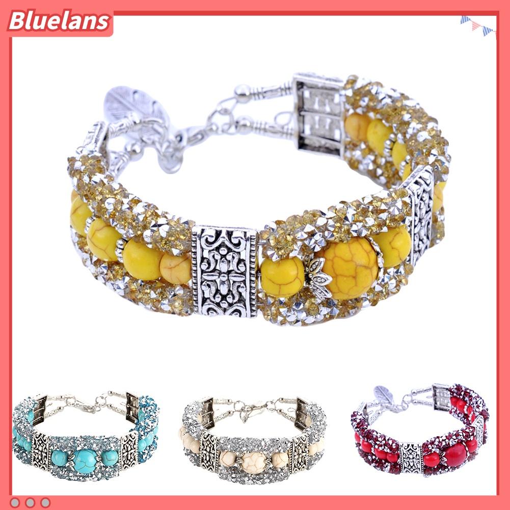 Bluelans Vintage Women Faux Turquoise Beads Rhinestone Carved Bracelet Bangle Jewelry