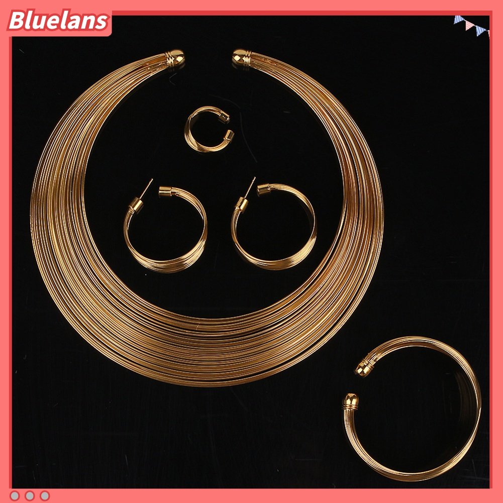 Bluelans 4 Pcs / Set Perhiasan Kalung Anting Gelang Cincin Bentuk Lingkaran Gaya Nigeria Untuk Pengantin