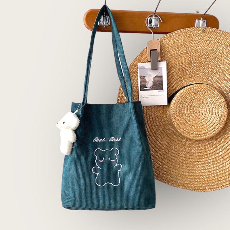 Kelly Bag Tas Import Jinjing Wanita Beruang Lucu Berkualitas Korduroi Korean Tote Bag Perempuan Styl