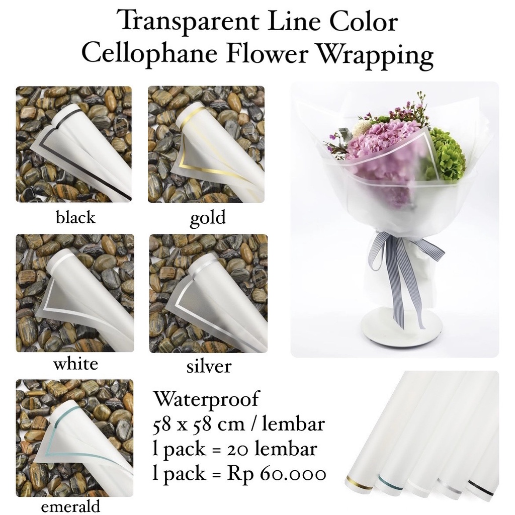 

Kertas Cellophane Buket Bunga [Transparent Line Color] Flower Wrapping Paper Celophane / Chellophane Murah untuk Snack Uang