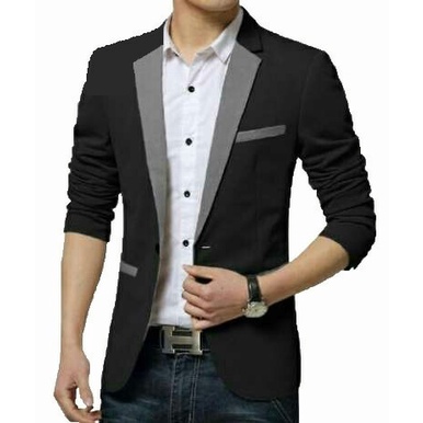 DISKON COD BLAZER PRIA MATRIX STYLE GREY - Jas Cowok Hitam List Abu Casual - Hitam, S