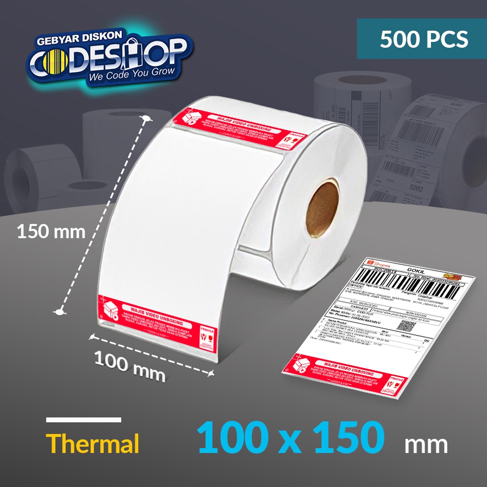 

Codeshop Stiker Video Unboxing Fragile Label Thermal 100 x 150 mm A6 1 Line Core 1 Inch isi 500 Pcs