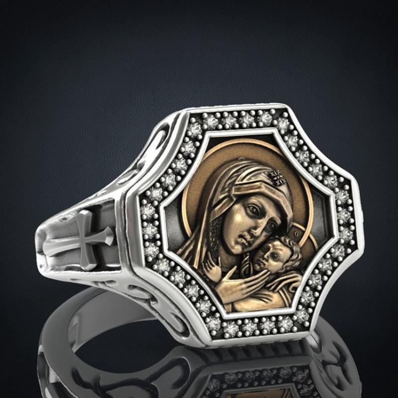 Cincin Desain Salib Virgin Mary Aksen Zirkon Gaya Vintage Untuk Pria