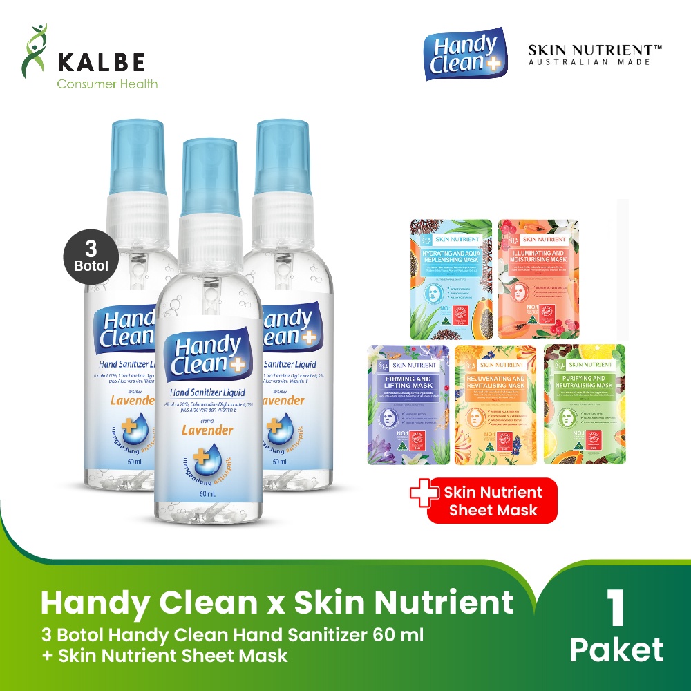 Handy Clean Hand Sanitizer 3 Botol @ 60 ml x Skin Nutrient Sheet Mask