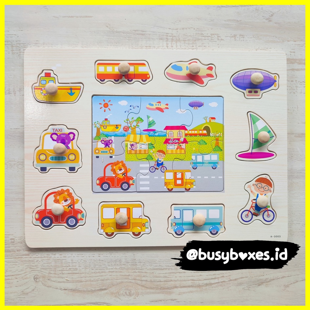 Busyboxes.id Mainan anak edukasi anak 1 2 3 tahun laki laki perempuan mainan edukasi Montessori puzzle jigsaw 3d kayu  kendaraan transportasi  seri -  6 keping