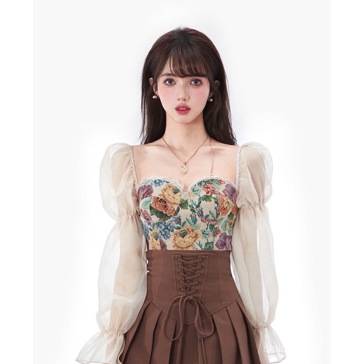 [✅BISA COD] Lukisan cat minyak desain atas rasa ceruk perempuan pinggang tinggi ramping rok lipit setelan musim