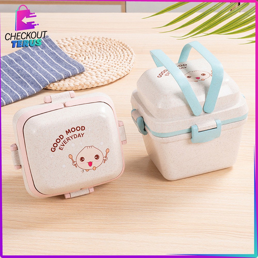 CT C692 Tempat Bekal Bento Set Microwavable Good Mood Everyday Portable BPA FREE Anti Tumpah Free Sendok Bahan PP Jerami Gandum Kotak Makan Lunch Box Set