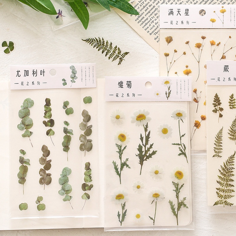 [FS] Waterproof PET Flower Stickers / Stiker Motif Daisy Clover Ekaliptus Untuk Dekorasi Scrapbook