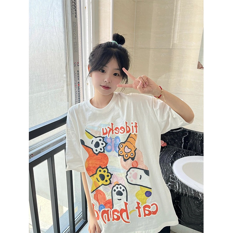 EUNII T-shirt Lengan Pendek imut cakar kucing Pencetakan Longgar Korean Style/Kaos Atasan Wanita/Baju Kaus Oversize Wanita