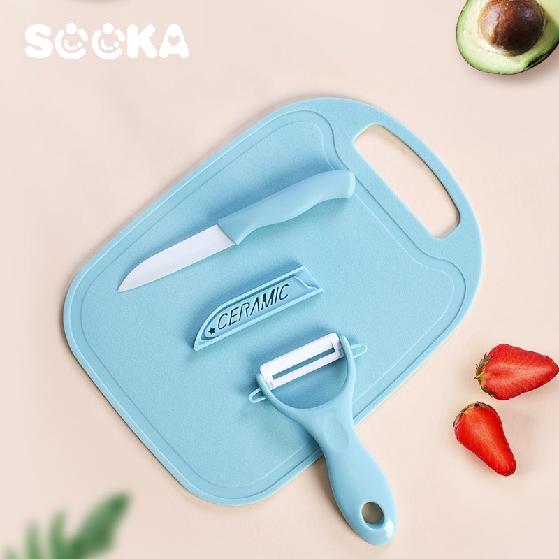 SOOKA Pisau Dapur Keramik Set 3in1(Pisau,Peeler) + Talenan Bahan PP Mudah Dibersihkan SK-ECA1098