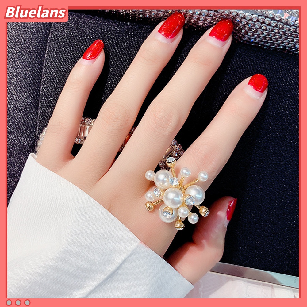 Cincin Jari Model Terbuka Bentuk Kepingan Salju Aksen Mutiara Berlian Imitasi Untuk Wanita