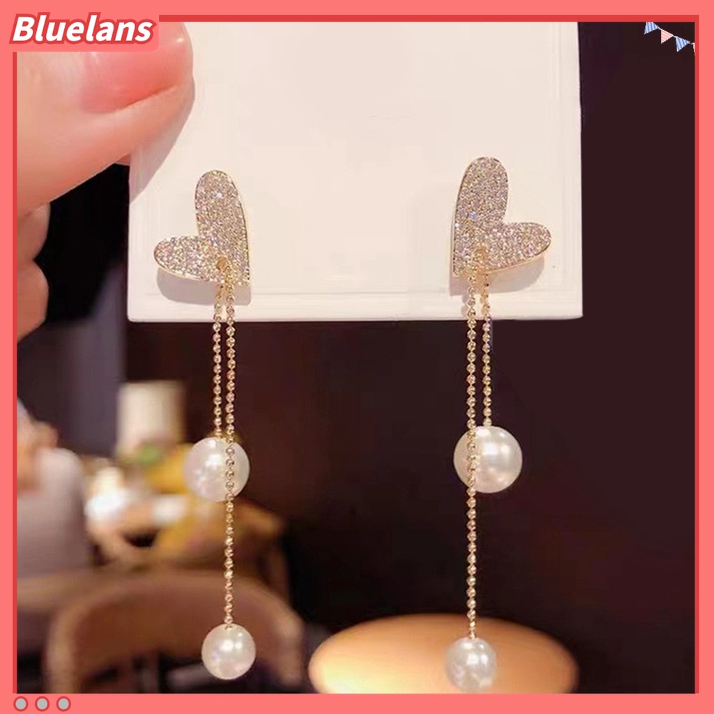 Anting Rumbai Panjang Bentuk Hati Aksen Berlian Imitasi Untuk Wanita