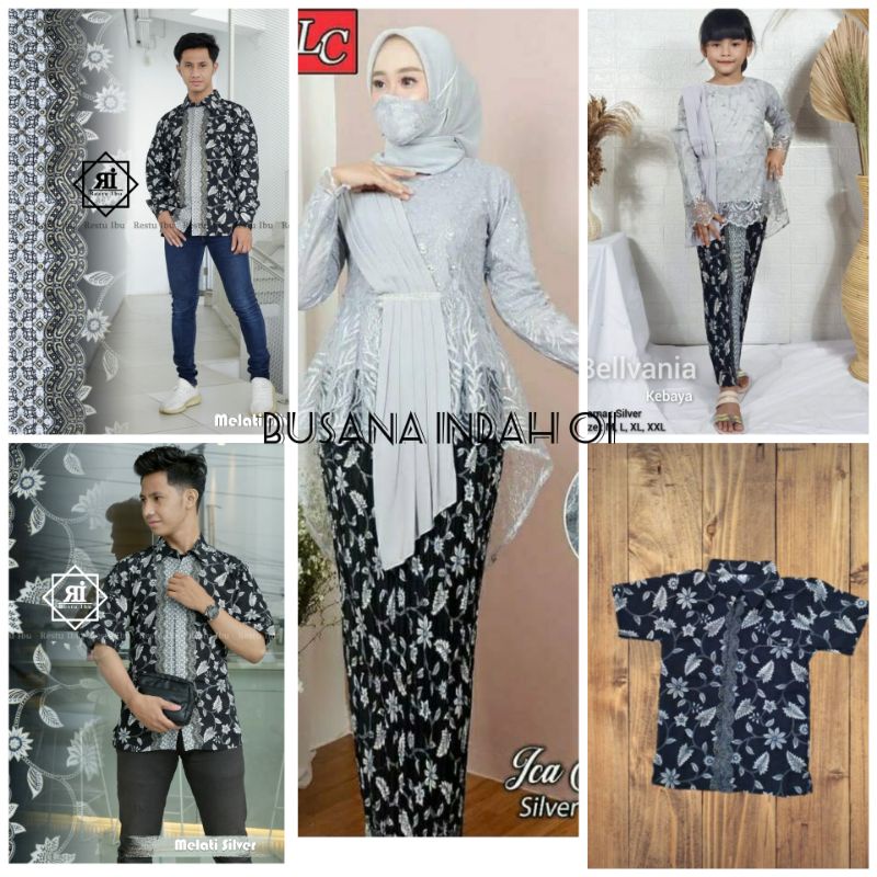 COUPLE BATIK KEBAYA SLENDANG / SARIMBIT KELUARGA BATIK MOTIF MELATI SILVER