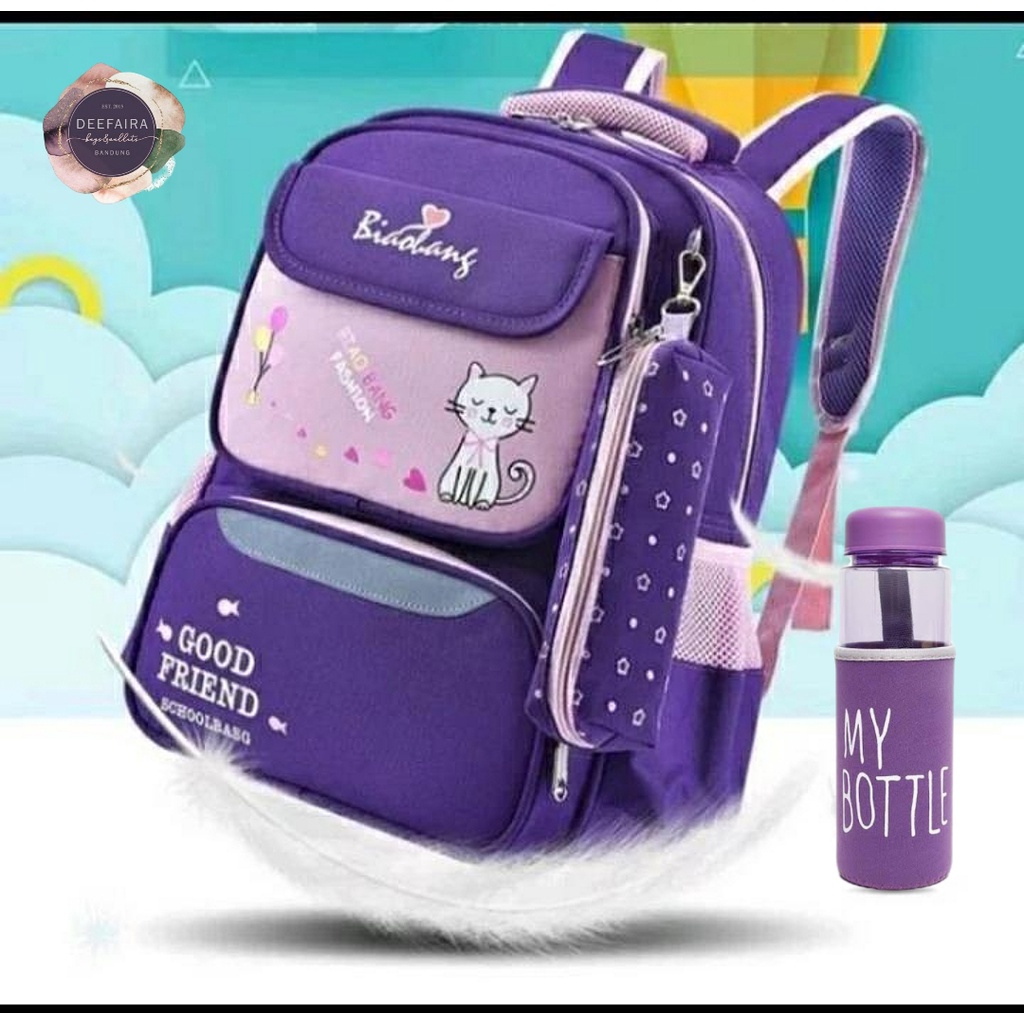 Tas Sekolah Untuk Anak Perempuan Kucing L0ve L33 Free My B0ttle Dan Tempat Pensil Untuk Anak Tk Dan Sd