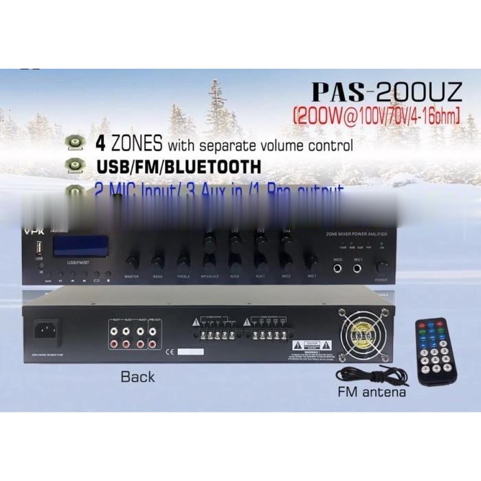 4 zones ampli vpk pas200uz 100v 70v 4 16ohm 200 watt vpk pas 200 uz
