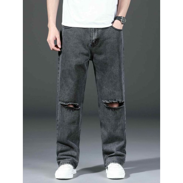 CELANA SOBEK PRIA RIPPED JEANS STANDAR REGULER BASIC ABU GREY PREMIUM 28-38